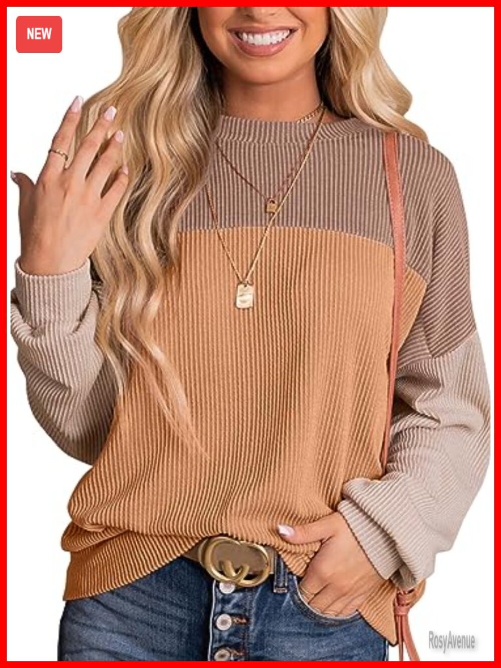 Dokotoo Womens Long Sleeve Color Block Ribbed Knit Tunic Top Casual Loose